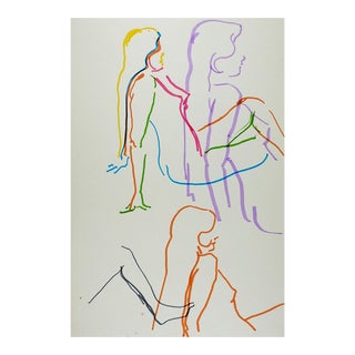 Vintage Pen & Ink Multi Color Female Nude Drawing Study For Sale
