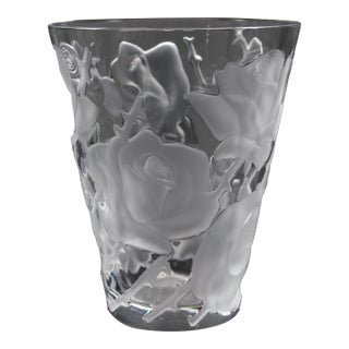 Vintage 1950s Lalique Ispahan Clear & Frosted Crystal Vase With Roses in Relief For Sale