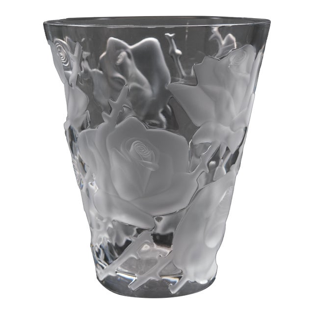 Vintage 1950s Lalique Ispahan Clear & Frosted Crystal Vase With Roses in Relief For Sale