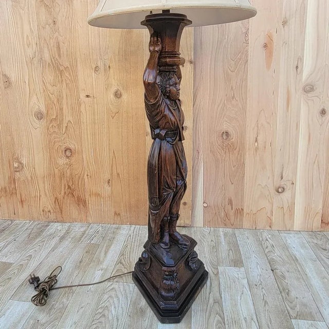 Wood Antique Carved Walnut Figural Lamp With Shade For Sale - Image 7 of 10