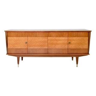 1960s French Mid-Century Modern Sideboard With Brass Pulls and Storage Drawers For Sale