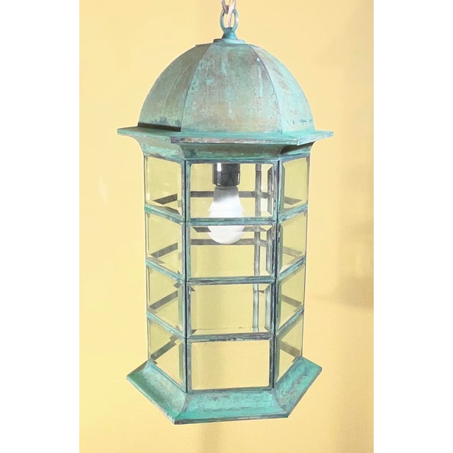 Metal Vintage Solid Brass Hexagonal Hanging Lantern – Verdigris Patina 20”h X 11”w For Sale - Image 7 of 18