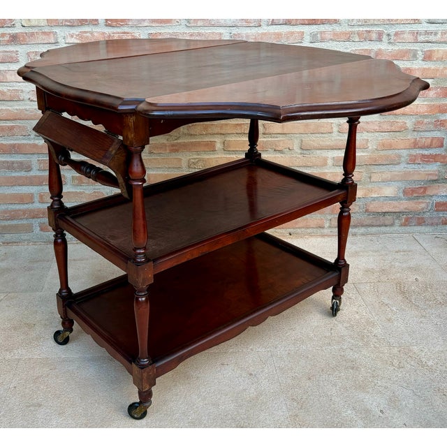 Neoclassical 1960s Spanish Wooden Bar Cart With Folding Leaves and Three Tiers For Sale - Image 3 of 9
