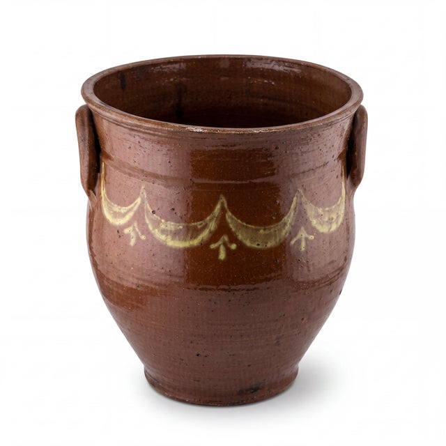 Burnt Orange Antique French Terracotta Pitcher Pot With Hand-Painted Swag Design For Sale - Image 8 of 9