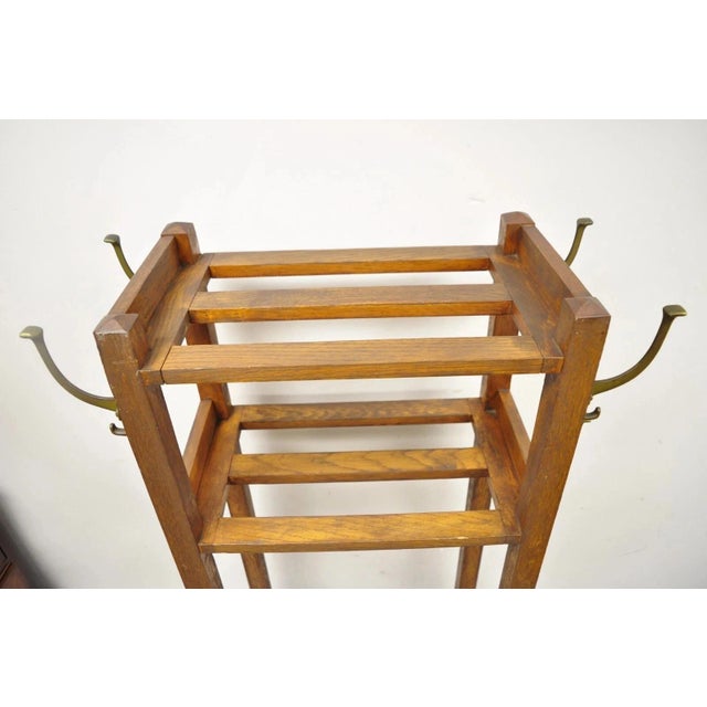 Antique Mission Arts & Crafts Oak Wood Coat Hook Hall Tree Umbrella Stand For Sale - Image 4 of 12