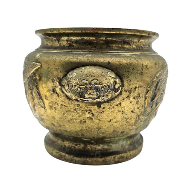 Antique Chinese Brass Censer With Phoenix Motif — Restored Cachepot Planter For Sale - Image 9 of 15