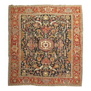 Antique Navy Field Red Border Heriz Serapi Rug no. 10350 For Sale