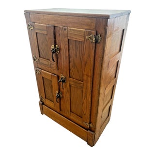 Antique Ice Box Three Storage Cabinets Oak Brass Hard to Find Petite Size For Sale