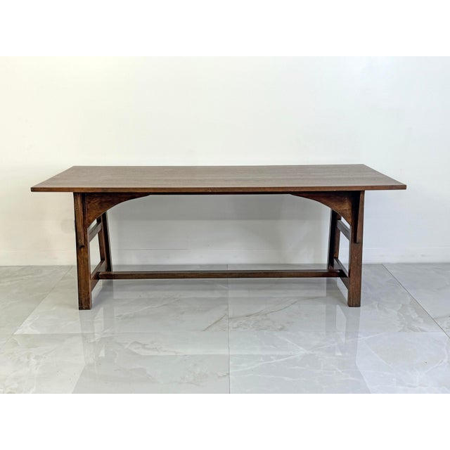 Brown American Arts and Crafts Solid Oak Trestle Dining Table, 1960's For Sale - Image 8 of 8