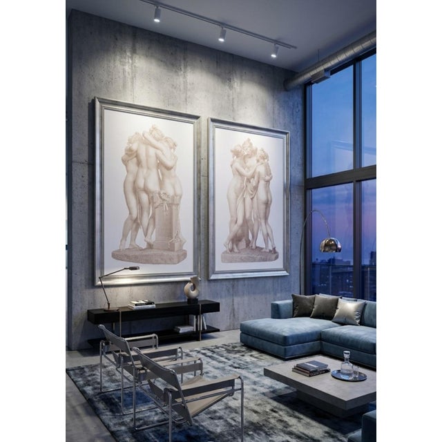 Art Nouveau 1990s Monumental Sized Distressed Silver Framed Pale Graphic Greek Goddesses Wall Art Reproduction Prints - A Pair For Sale - Image 3 of 16