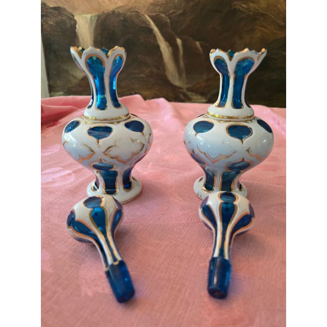 Art Nouveau Antique Moser Bohemian Glass Overlay Pr Aquamarine Bottles For Sale - Image 3 of 14