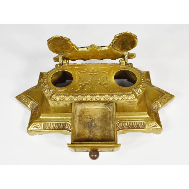 Mid 20th Century Solid Brass Desk Double Inkwell and Pen Holder For Sale - Image 10 of 11