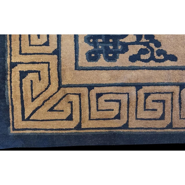 1890s Tan Camel Medallion Greek Key Antique Chinese Peking Carpet 4'2" X 6'8" Knotted Wool Rug For Sale - Image 4 of 9