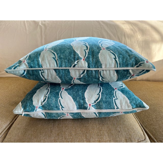English Pair of Oka Ocean Blue Fractal Leaf Pillow Covers With Duck Feather Inserts For Sale - Image 3 of 13