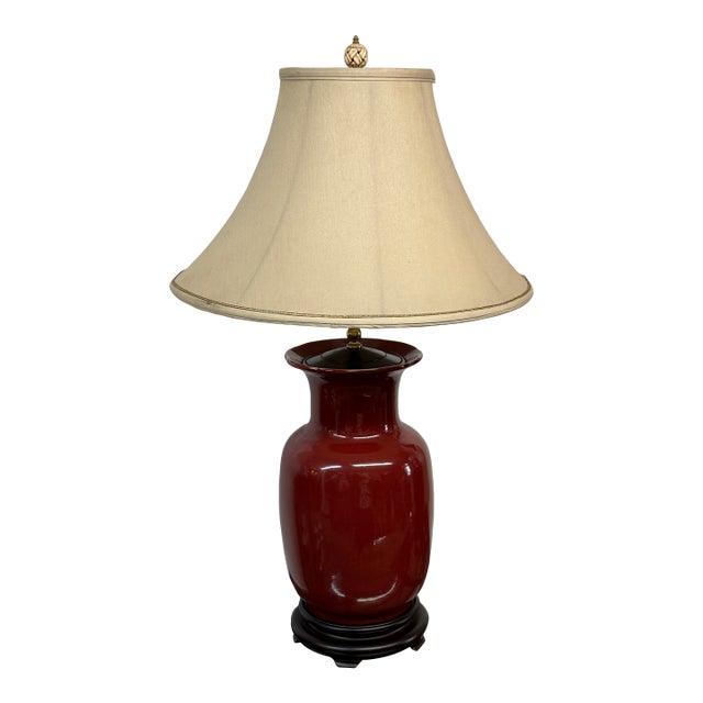 Oxblood Table Lamp With Bell Shade, Asian Influenced For Sale