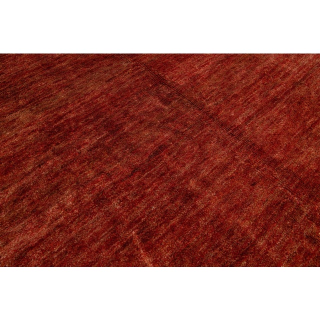Textile Hand-Loom Modern Gabbeh Style Wool Rug With Solid Rust Color For Sale - Image 7 of 8