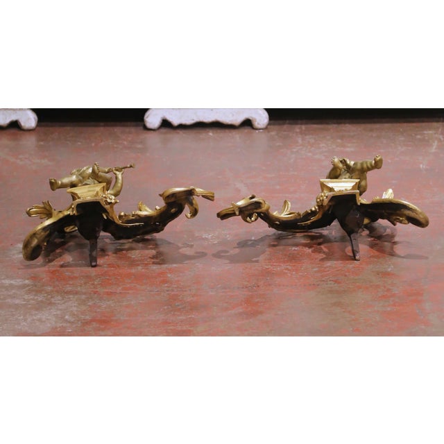 Pair of 19th Century French Louis XV Style Bronze Chenets With Musical Putti For Sale - Image 11 of 11