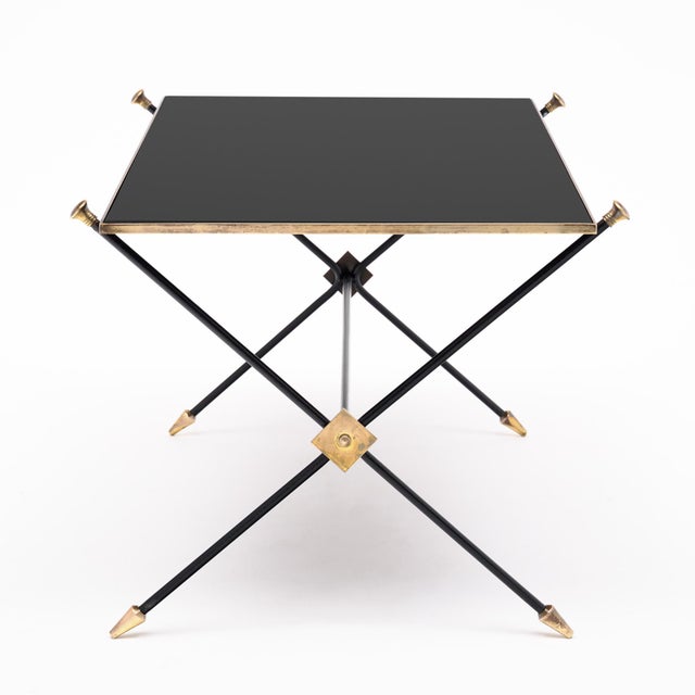 Black French Mid-Century Black Glass, Iron and Brass Coffee Table For Sale - Image 8 of 9