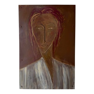 Vintage Mixed Media Metal Female Portrait Wall Art – Sculptural Painted Panel For Sale