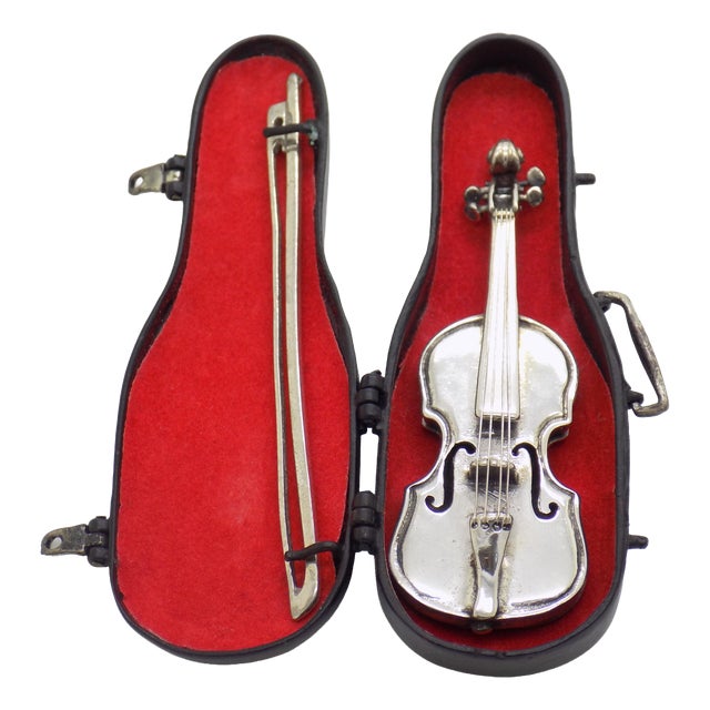 Vintage Italian Handmade Genuine Silver Violin Miniature with Metal Case by Sacchetti Silversmith, 1970s For Sale