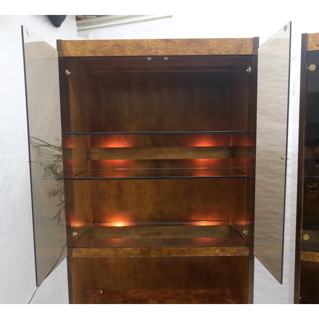Wood Set of 3 Burl Wood Lighted Cabinets Wall Units Mid Century Modern MINT For Sale - Image 7 of 17