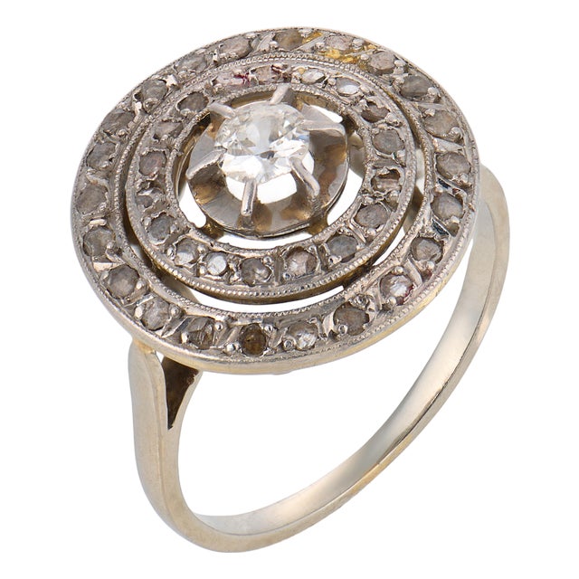 Early 20th Century French Belle Epoque Diamond 18k White Gold Target Ring, Size 4.25 For Sale