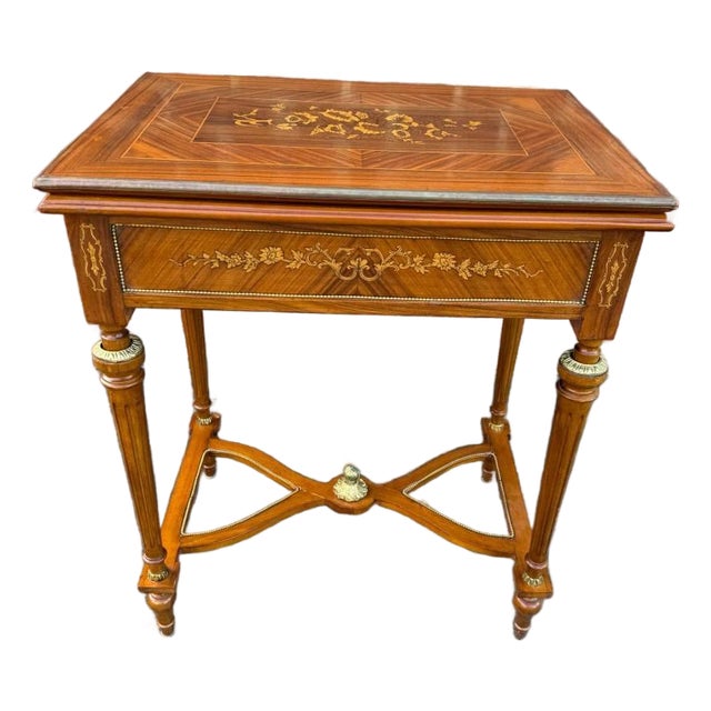 Vintage Louis XvI Style Marquetry Stretcher Base Brass Mounted Floral Inlaid Card Table For Sale