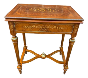 Vintage Louis XvI Style Marquetry Stretcher Base Brass Mounted Floral Inlaid Card Table