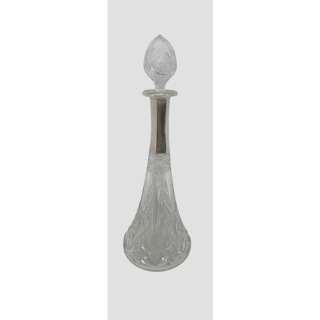 Mid-Century Modern Mid 20th Century Cut Crystal Wine or Liquor 11 1/2 Decanter With Silver Metal Collar Diamond and Fan Cut Pattern For Sale - Image 3 of 12