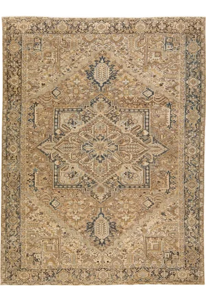 Antique Persian Heriz Handmade Geometric Beige and Blue Wool Rug