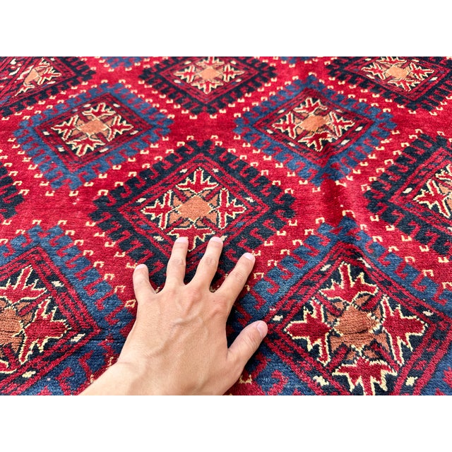 2000 - 2009 Hand-Knotted Crimson Red and Navy Blue Allover Geometric Wool Area Rug, 6'9" X 4'10" For Sale - Image 5 of 11