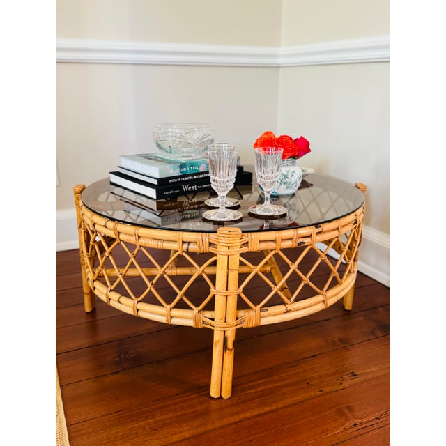 Vintage Round Bamboo and Rattan Coffee Table With Glass Top For Sale - Image 10 of 12