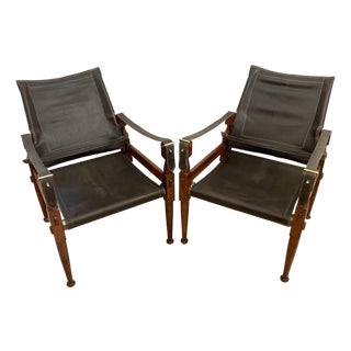 M. Hayat and Brothers Roorkee Brown Leather Safari Chairs - A Pair For Sale