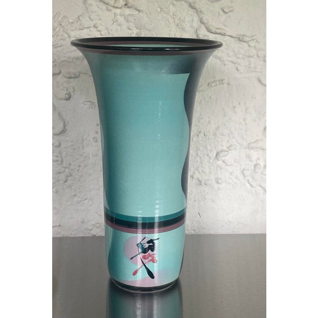 Signed and dated 1990 vintage studio Art pottery vase, featuring a teal glaze with a swirling purple/pink design and...