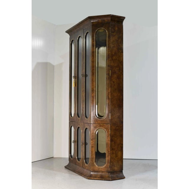 Wood 1970s Vintage Mastercraft William Doezema Burled Amboyna Wood and Brass Lighted Curio Display Cabinet For Sale - Image 7 of 12