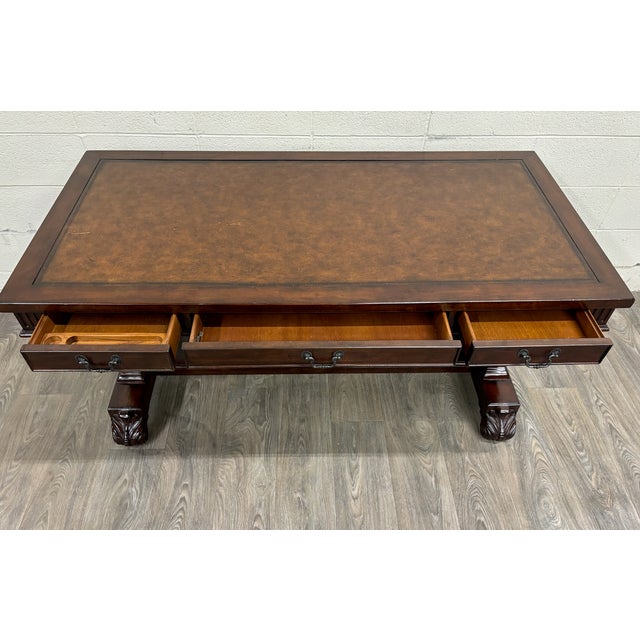 Late 20th Century Vintage Empire Style Lyre Side Leather Top Writing Executive Library Desk For Sale - Image 5 of 15