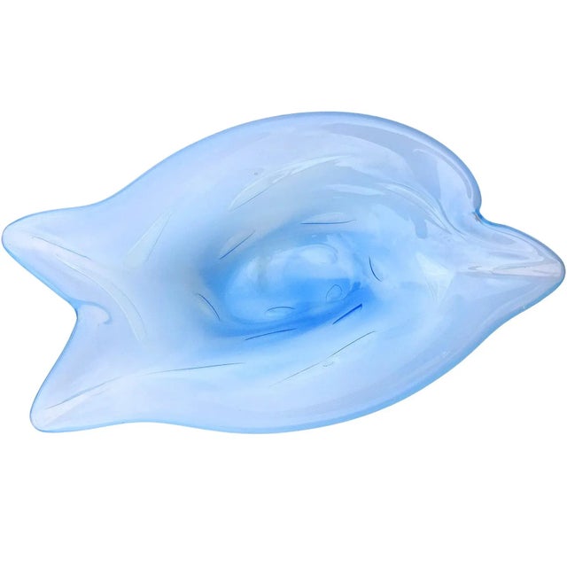 Glass Vintage Murano Opalescent Blue White Large Bubbles Italian Art Glass Mid Century Dolphin Fish Bowl For Sale - Image 7 of 7