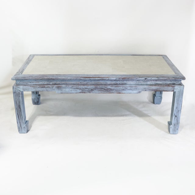Vintage Swedish Blue-Grey Wash Wood Coffee Table With Ming Style Leg and Shagreen Top For Sale - Image 4 of 17