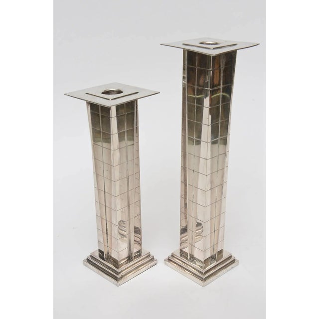 Vintage Silver Plate Deco Style "Skyscraper" Candlesticks Pair Of, 90's For Sale - Image 4 of 10