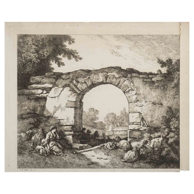 Jean Baptiste Huet, Landscape with Ruins, Original Etching, 19th-Century For Sale