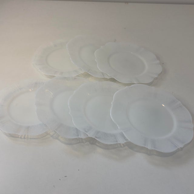 Glass Vintage 1930s Macbeth-Evans American Sweetheart Monax White Opalescent Glass Floral Embossed Dessert Plates, Set of 7 For Sale - Image 7 of 9