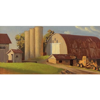 Farm Near Brandywine by Diego Glazer | Oil on panel Farm buildings and silos in a rural landscape. For Sale