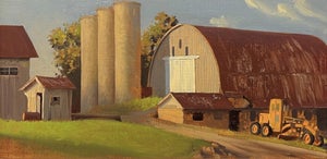 Farm Near Brandywine by Diego Glazer | Oil on panel Farm buildings and silos in a rural landscape.
