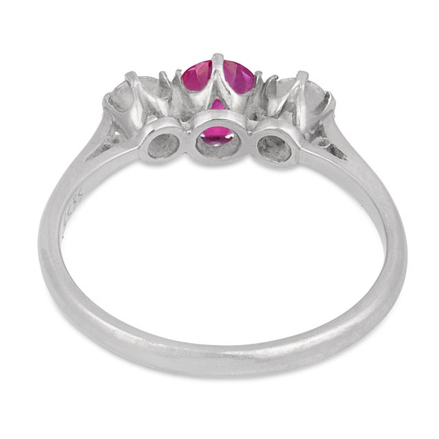 1930s Art Deco Ruby Diamond Three Stone Platinum Ring, Size 6.75 For Sale In Los Angeles - Image 6 of 7