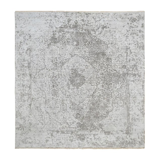 Gray, Broken Persian Design, Hand Knotted Wool and Pure Silk, Square Oriental Rug For Sale - Image 12 of 12