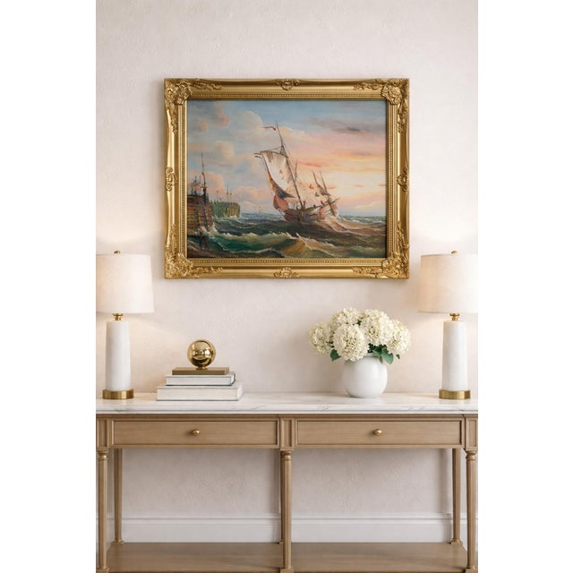 A charming vintage oil painting on canvas depicting a sailing vessel navigating lively coastal waters near a wooden pier....
