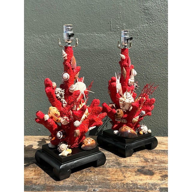 Vintage Shell Encrusted Faux Coral Lamps - A Pair For Sale - Image 9 of 12
