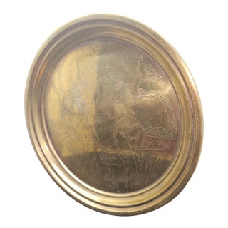 Vintage Decorative Brass Plate Features an Incised Nature Scene, Prominent Antelope For Sale