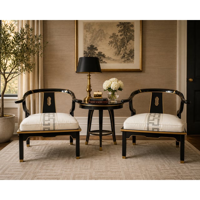 Chinoiserie 1980s Pair of James Mont–Style Black Lacquer & Brass Lounge Chairs by Century Furniture in Colefax & Fowler Silk For Sale - Image 3 of 17