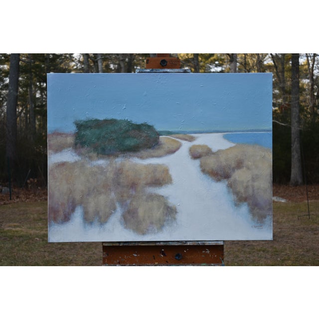 A quiet, introspective mood. The cool blues and muted earth tones capture the stillness and solitude at the coast’s edge,...